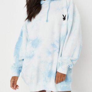 Playboy x Missguided Blue Tie Dye Bunny Back Hoodie Dress